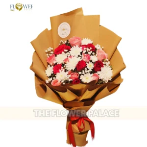 Vibrant pink and white chrysanthemum bouquet with brown-wrapping available in Rawalpindi and Islamabad