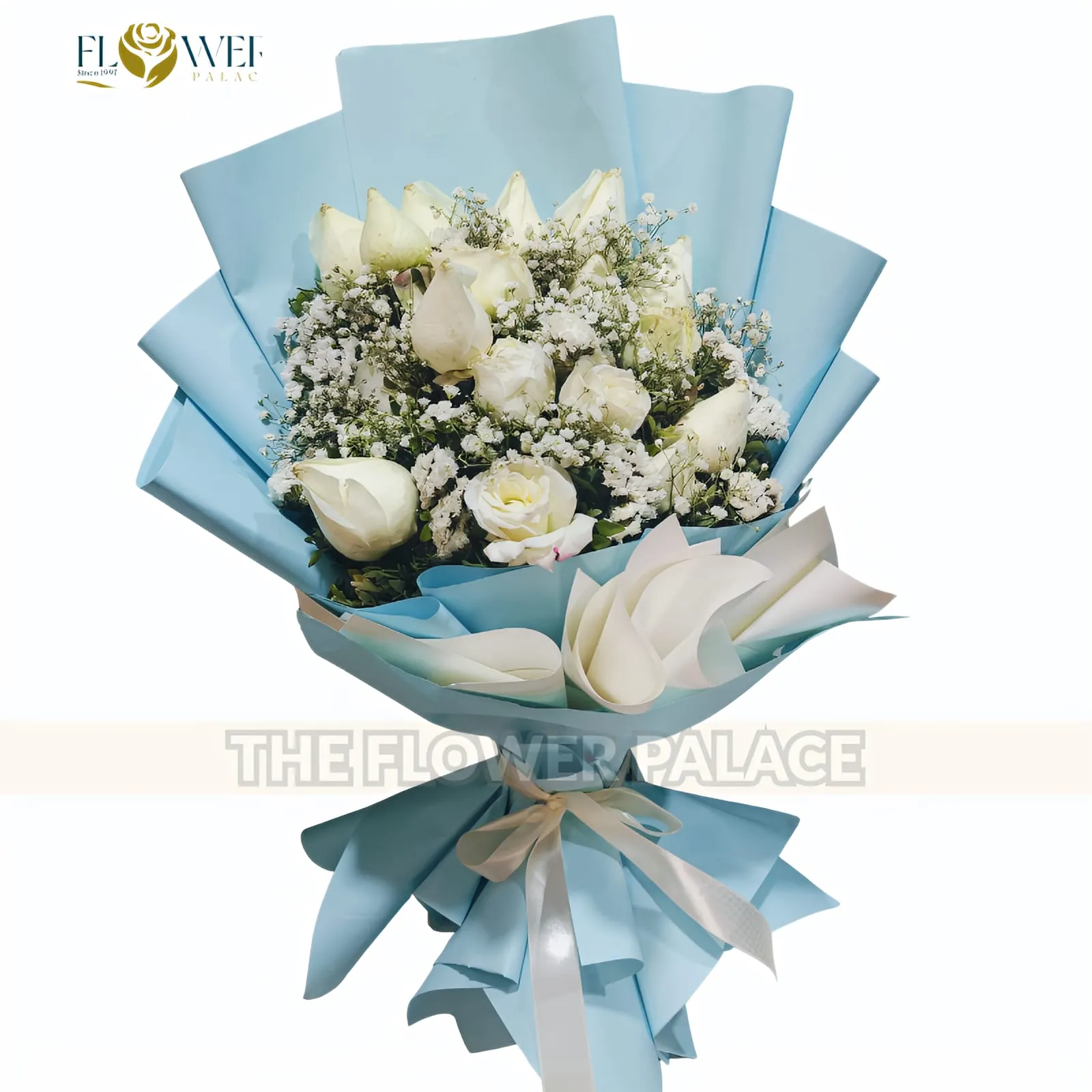 Elegant fresh white rose bouquet in premium black wrapping available for delivery in Islamabad