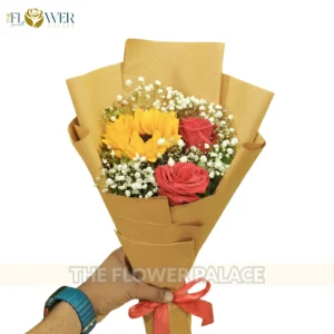 Fresh Sunflower and Red Rose hand-tied bouquet for delivery in Islamabad and Rawalpindi